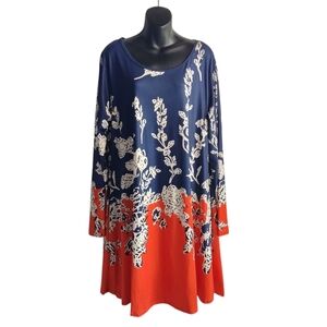 Sherosa Dress Women's Red Blue White Floral Crewneck Longsleeve Stretch 2XL NWT